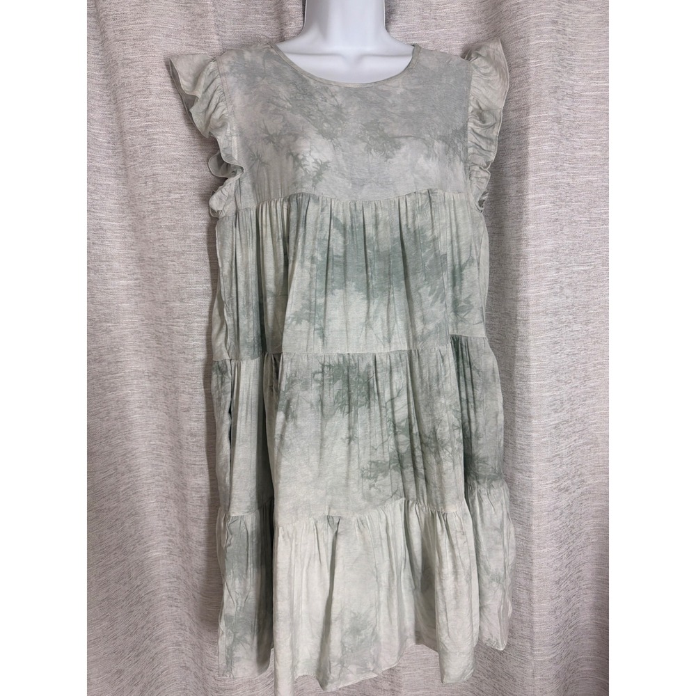 Free The Roses Sage Green Tie Dye Tiered Ruffle Mini Dress Medium NWT